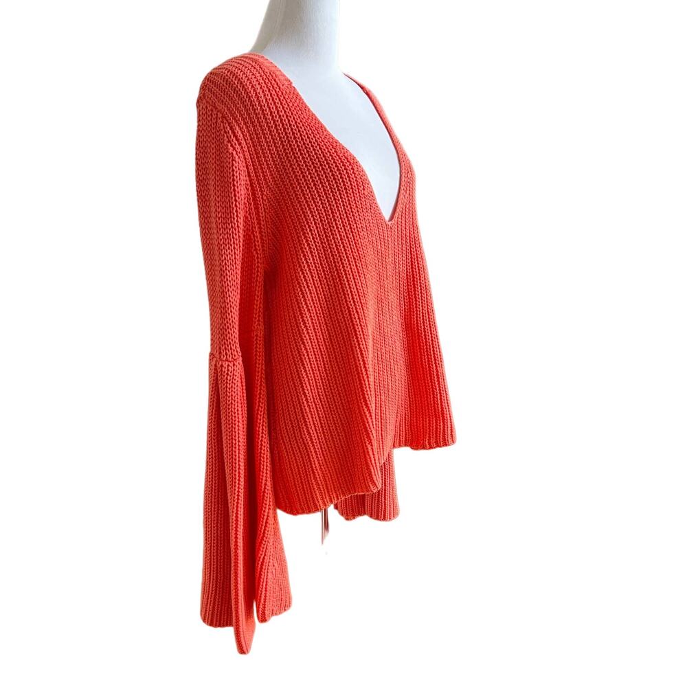 Free People Damsel Cable Knit Pullover V-Neck Sweater in Coral - Picture 3 of 9